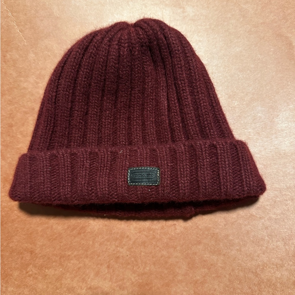 Coach Cable Knit Lambs Wool Beanie Cap One Size Burgundy